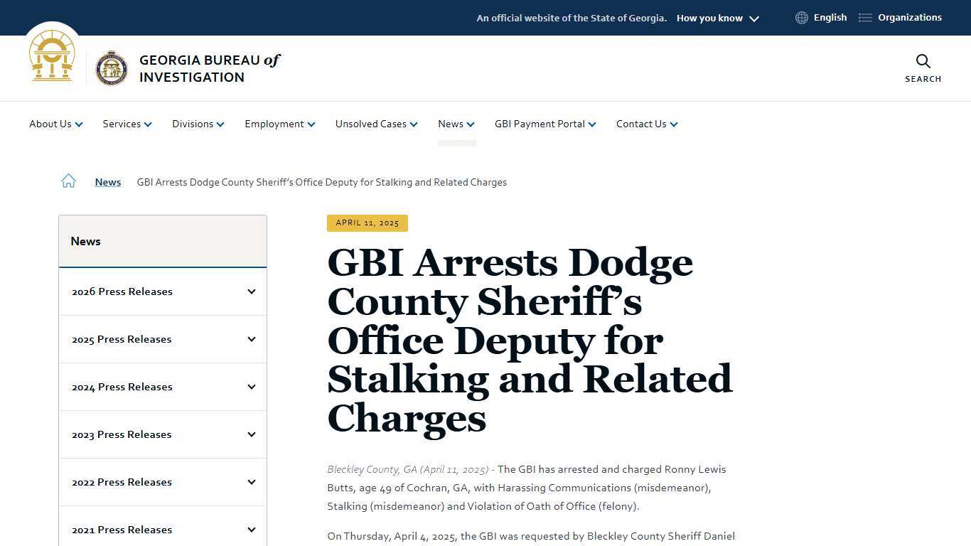 GBI Arrests Dodge County Sheriff’s Office Deputy for Stalking and Related Charges Georgia Bureau of Investigation