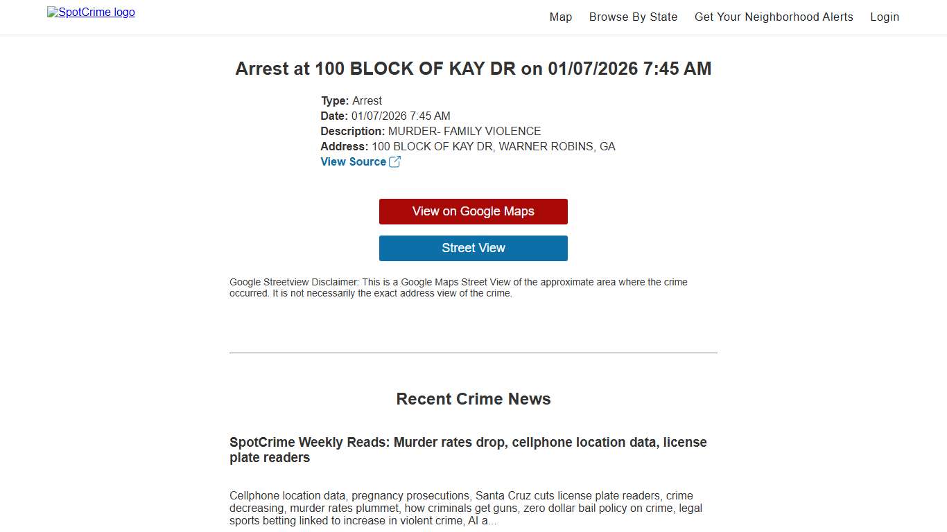Arrest at 100 BLOCK OF KAY DR on 01/07/2026 7:45 AM SpotCrime